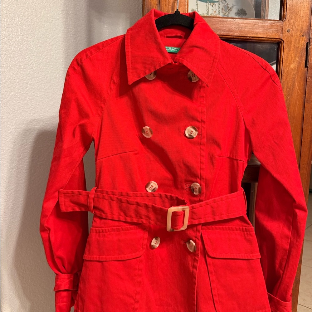 United Colors Of Benetton Vibrant Red Double-Breasted Trench Coat with Belt